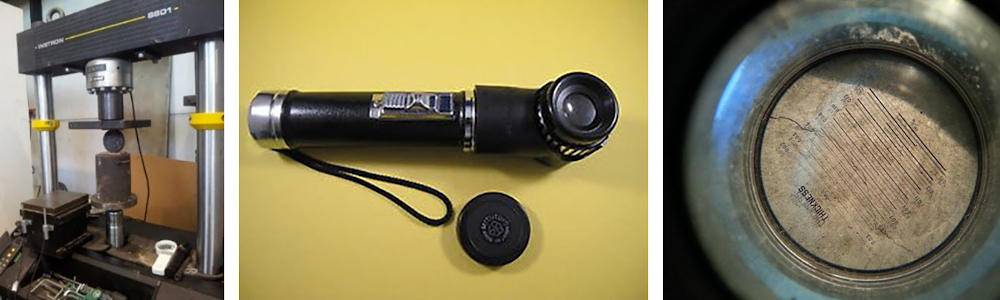 Sistema de fisuración de rodajas de hormigón empleado. Fisurómetro Mitutoyo usado para medida de ancho de fisura