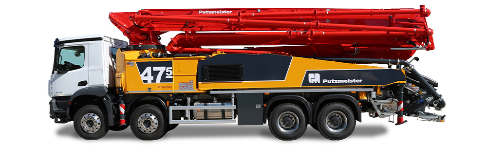 La bomba de hormigón sobre camión M47-5 con sistema de apoyo Full FLEX sobre un chasis de 4 ejes